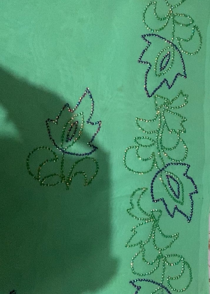 A Light Green Saree With Hand Work
