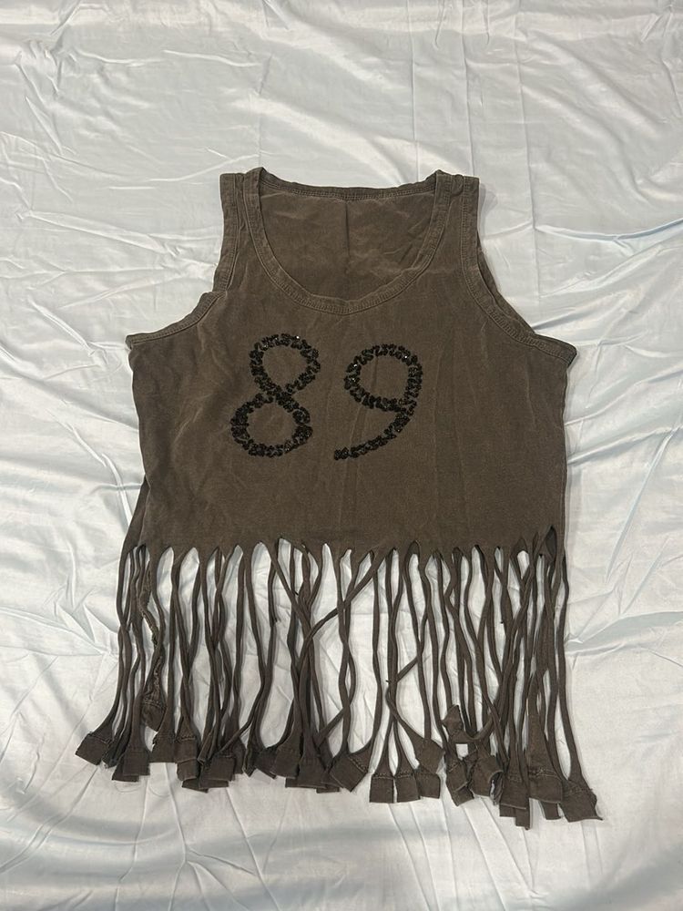 Fringed Tank Top with '89' Embellishment
