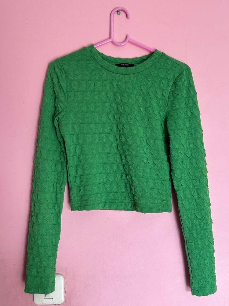 Green Textured Long Sleeve Top