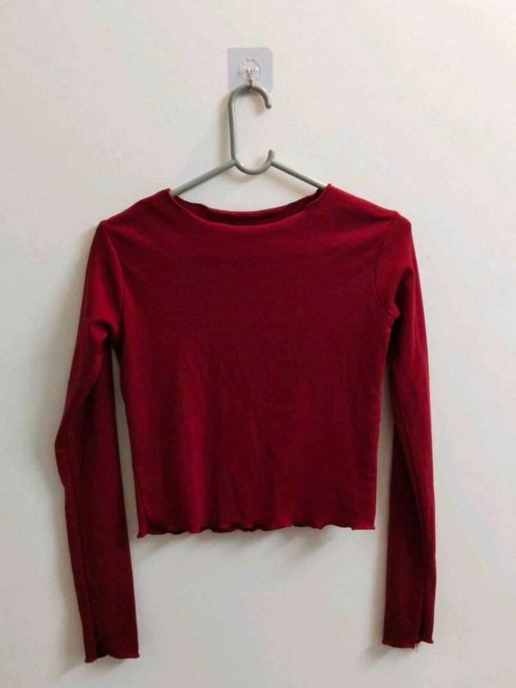 Maroon Long Sleeve Lettuce Hem Crop Top