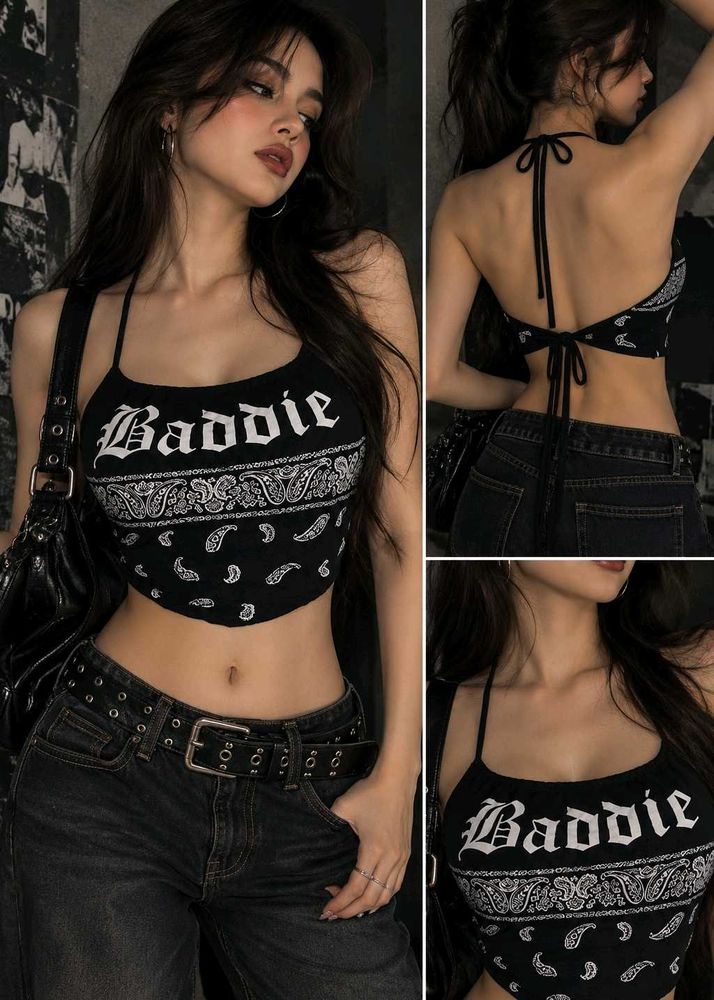 Navy blue "Baddie" Halter Neck Crop Top