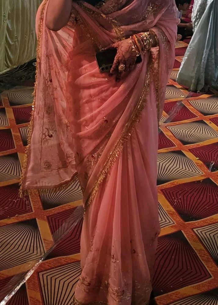 Elegant Pink Embellished Saree