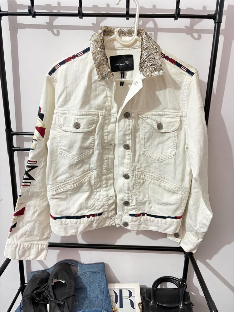 Denim Jacket with Embellished Collar