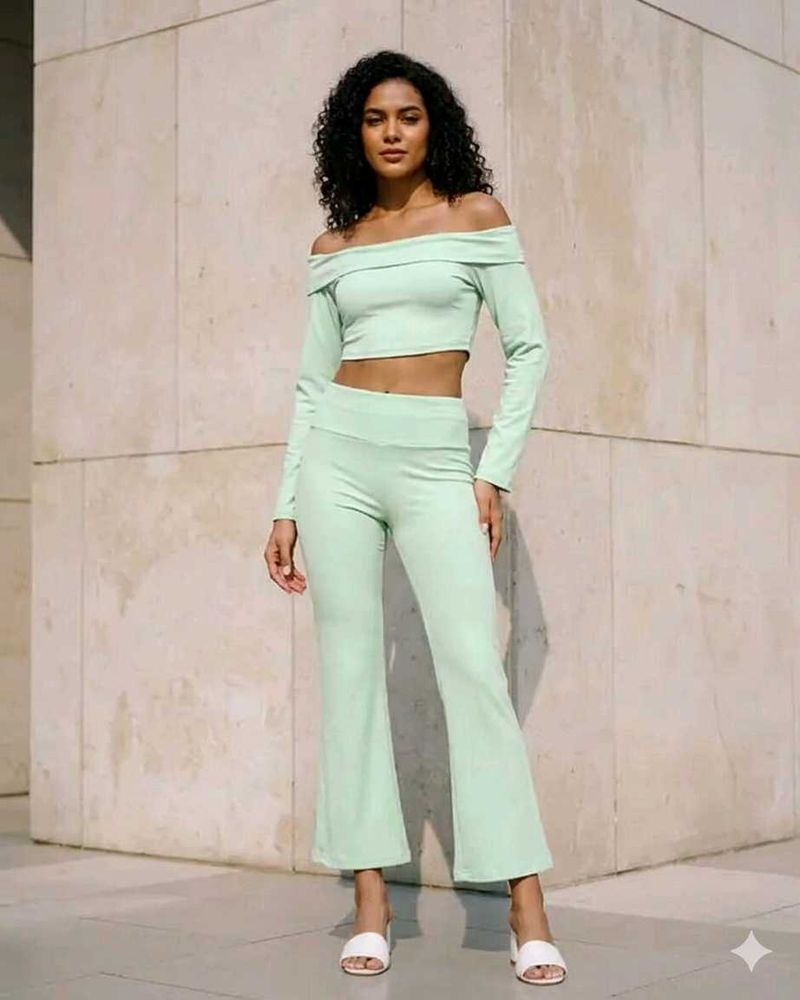 SHEIN Mint Off-Shoulder Crop Top &amp; Pants Set