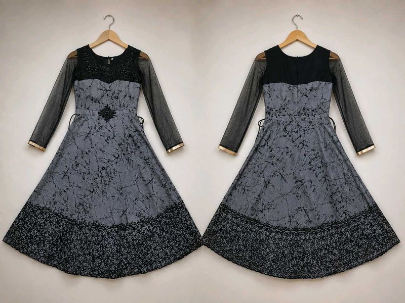 Black &amp; Grey Ethnic Flared Dress with Matching Pan