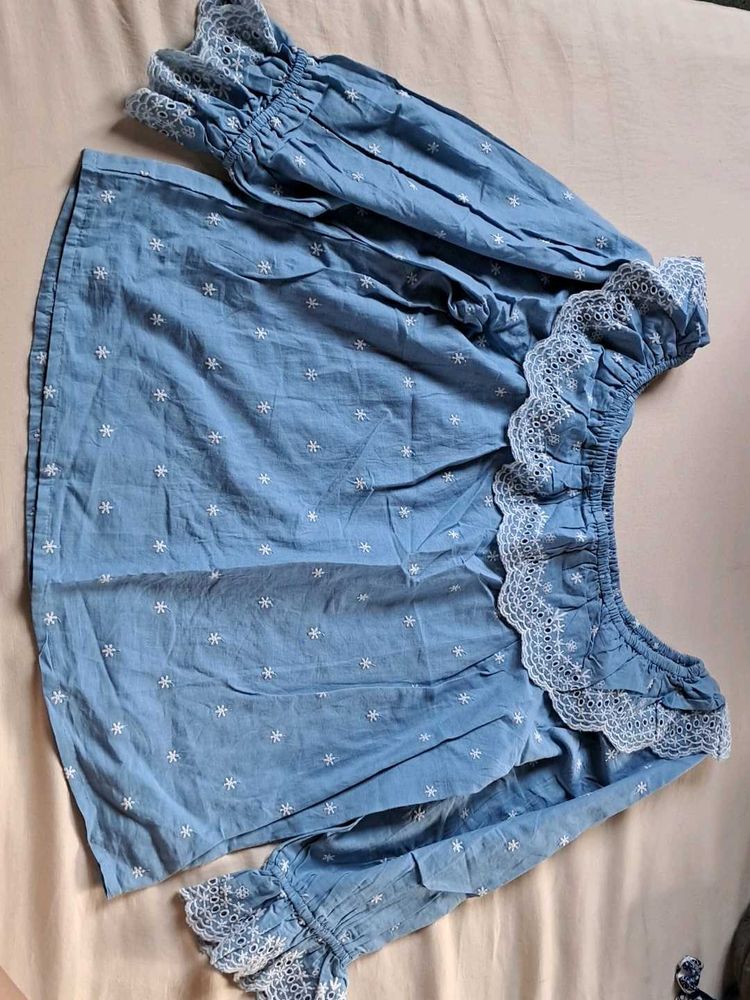 Blue Off-Shoulder Embroidered Top