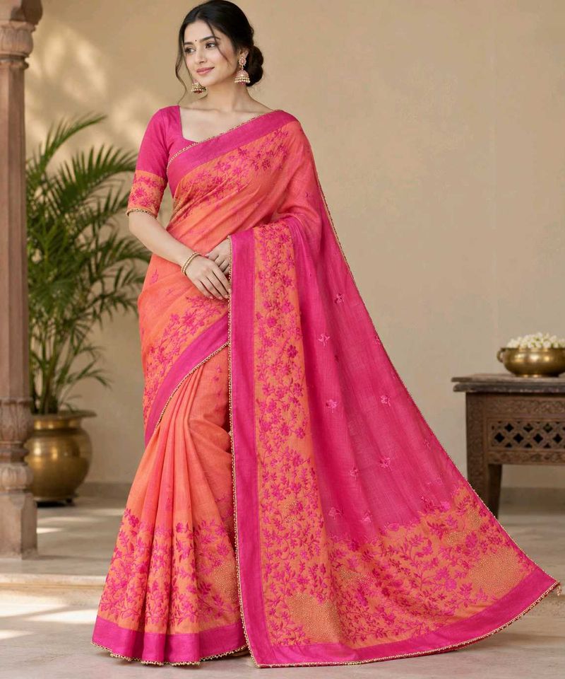 Elegant Peach &amp; Pink Embroidered Saree
