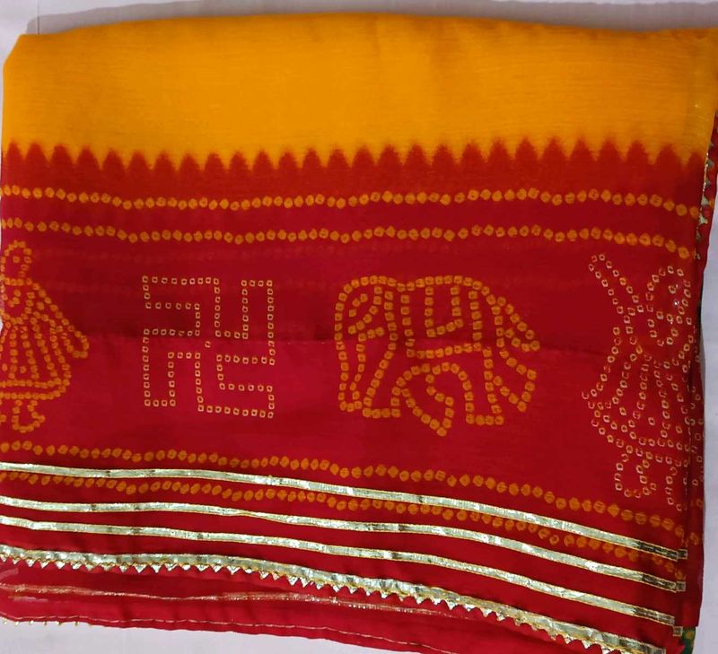 Vibrant Yellow and Red Bandhani Saree