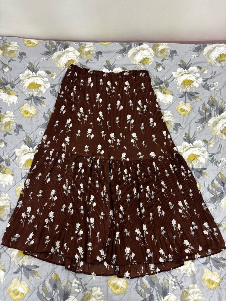 Brown Floral Pleated Midi Skirt