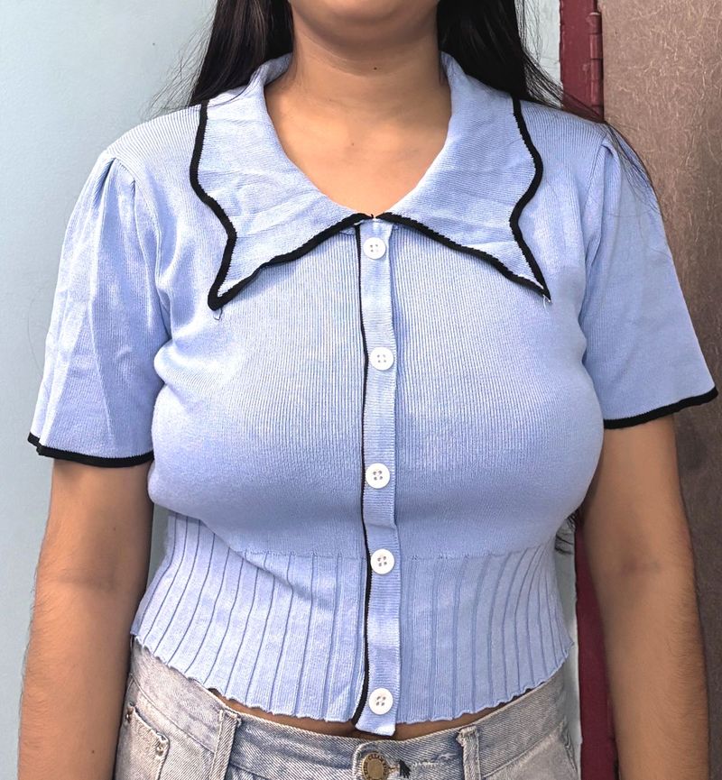 Cute Blue Button-Up Knit Top