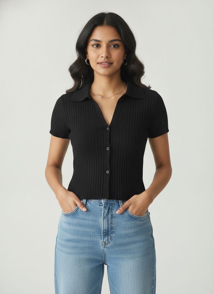 Ribbed Black Collared Button-Up Top