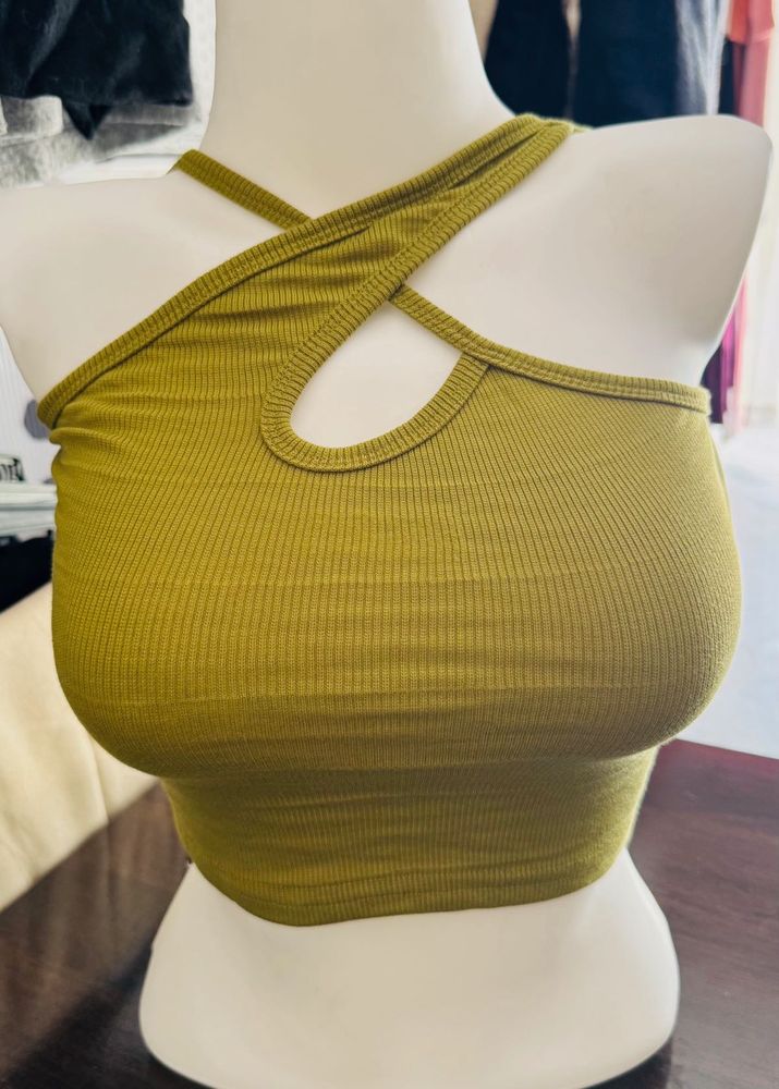 Olive Ribbed Crisscross Halter Top