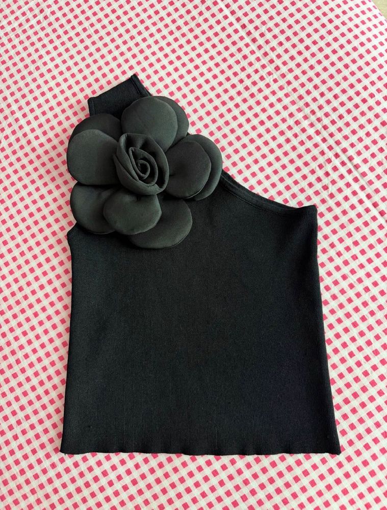 Black One Shoulder Top with Flower Accent