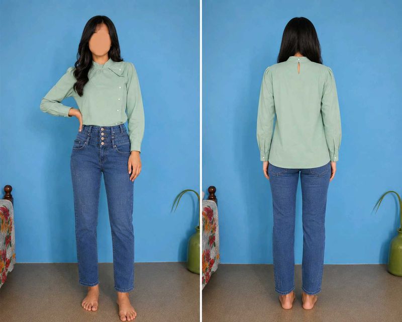 Mint Green Collared Button-Up top with jeans