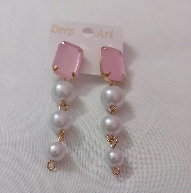 Elegant Pink Gem &amp; Pearl Drop Earrings