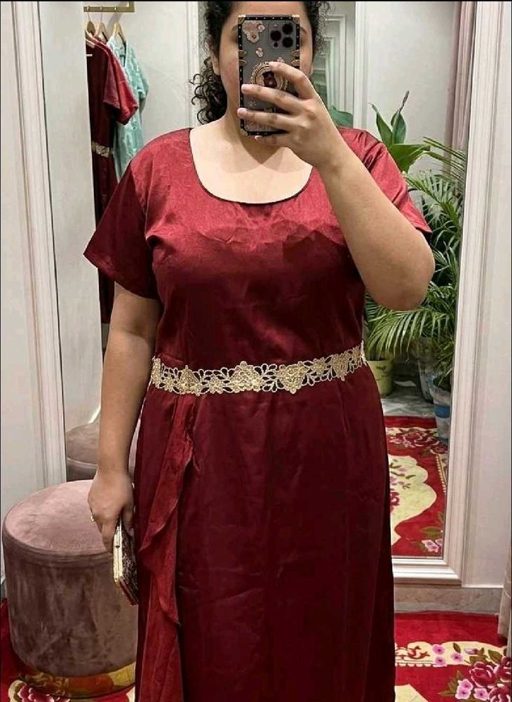 Elegant Maroon Gown with Embellished Belt
