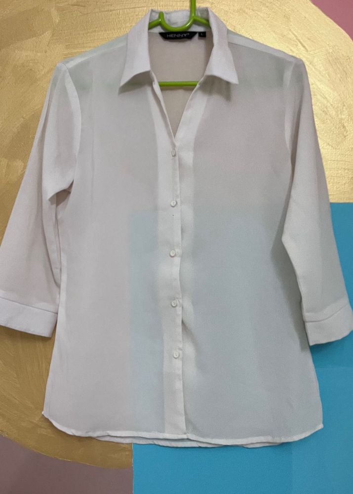 White 3/4 Sleeve Button-Down