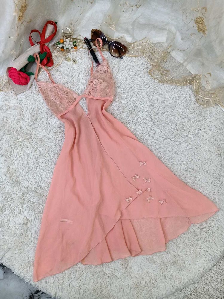 Sheer Pink Babydoll with Butterfly Accents