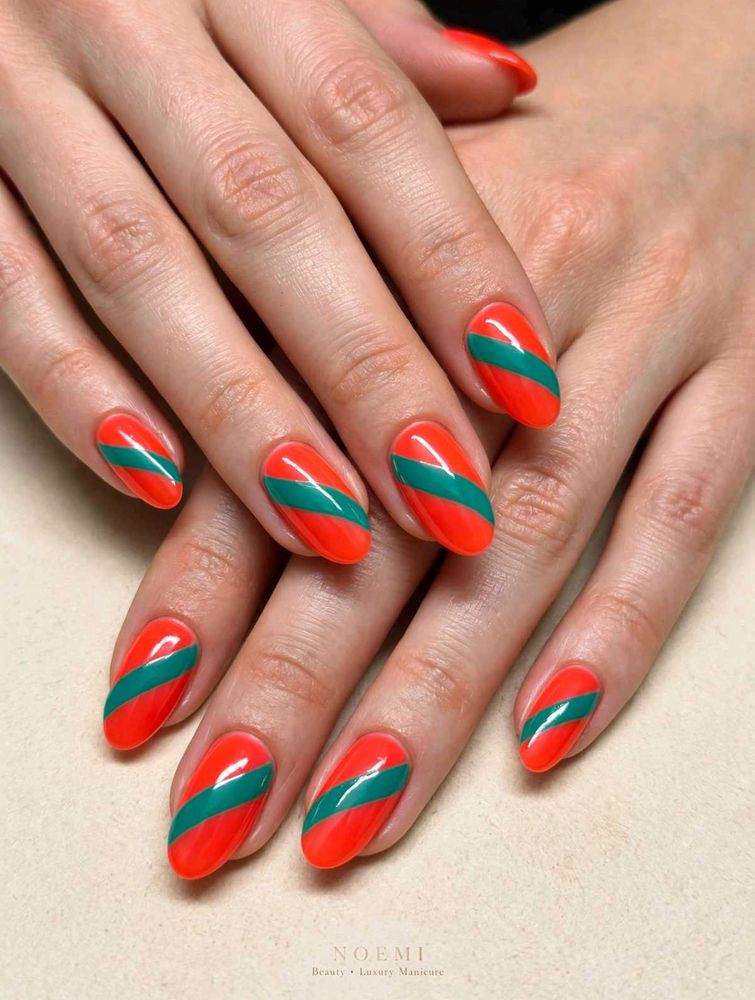 Vibrant Orange &amp; Green Striped Nails