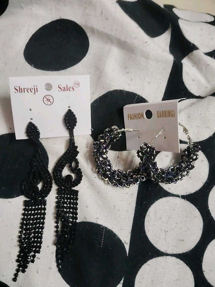 Elegant Black Dangle Earrings and bluish earings