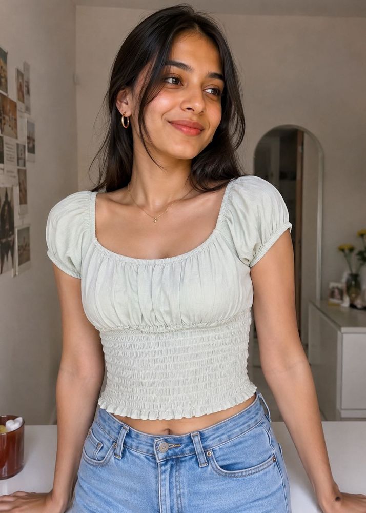 Cute Smocked Puff Sleeve Crop Top