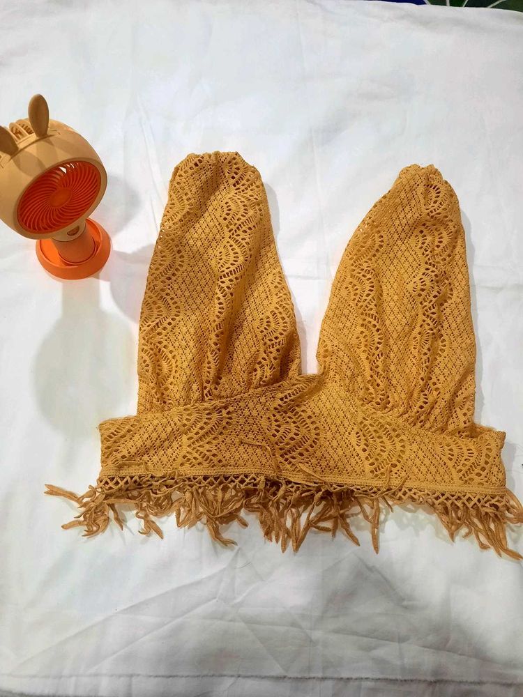 Yellow Lace Fringe Crop Top