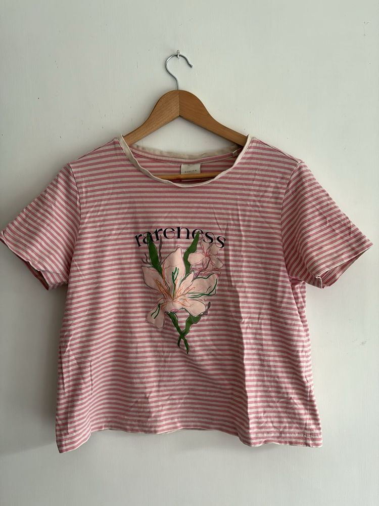 Pink Striped T-Shirt with Floral Graphic