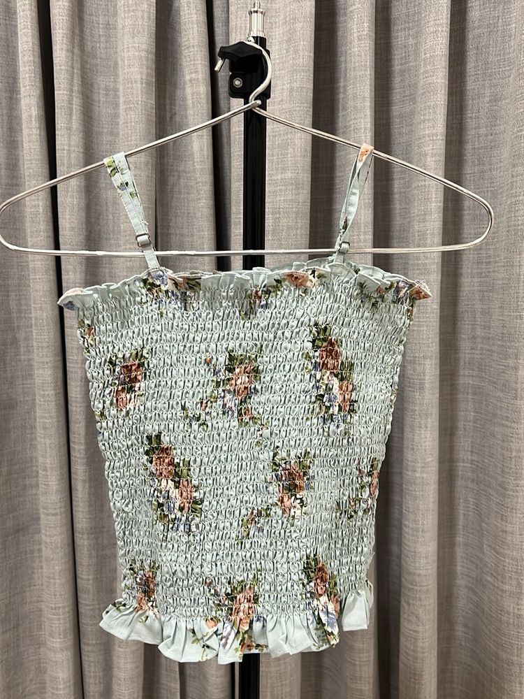 Light Blue Smocked Floral Crop Top