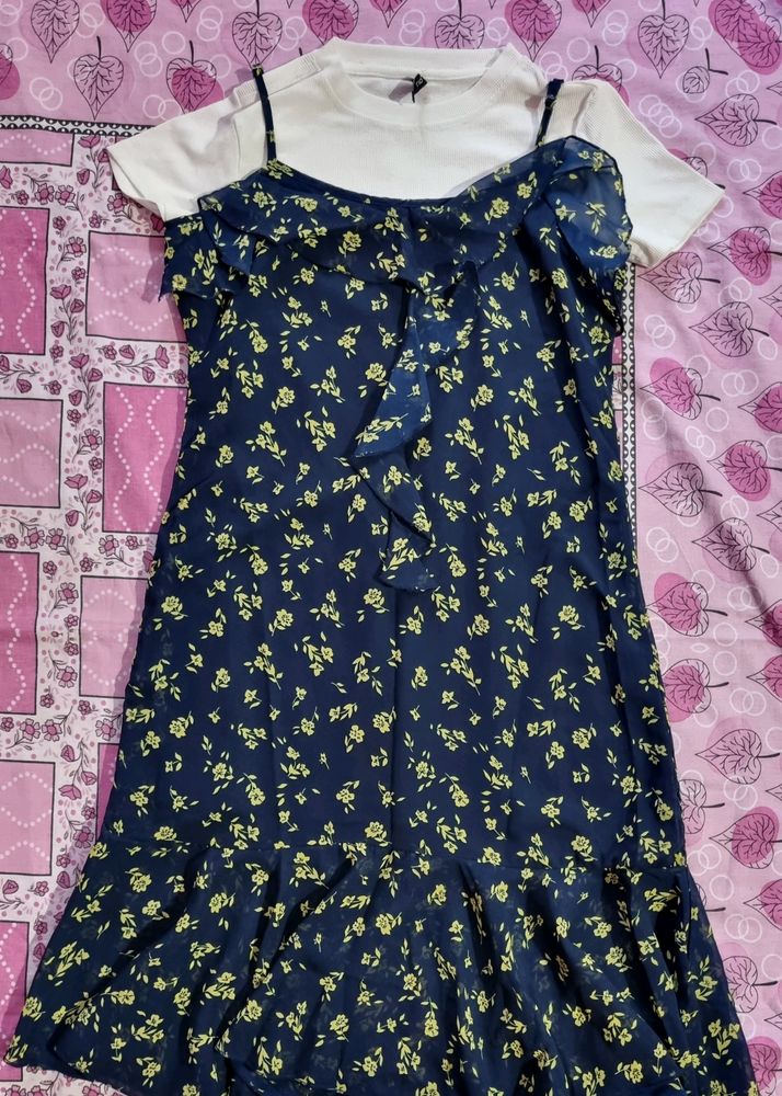 Floral Print Strappy A Line Dress With T-shirt