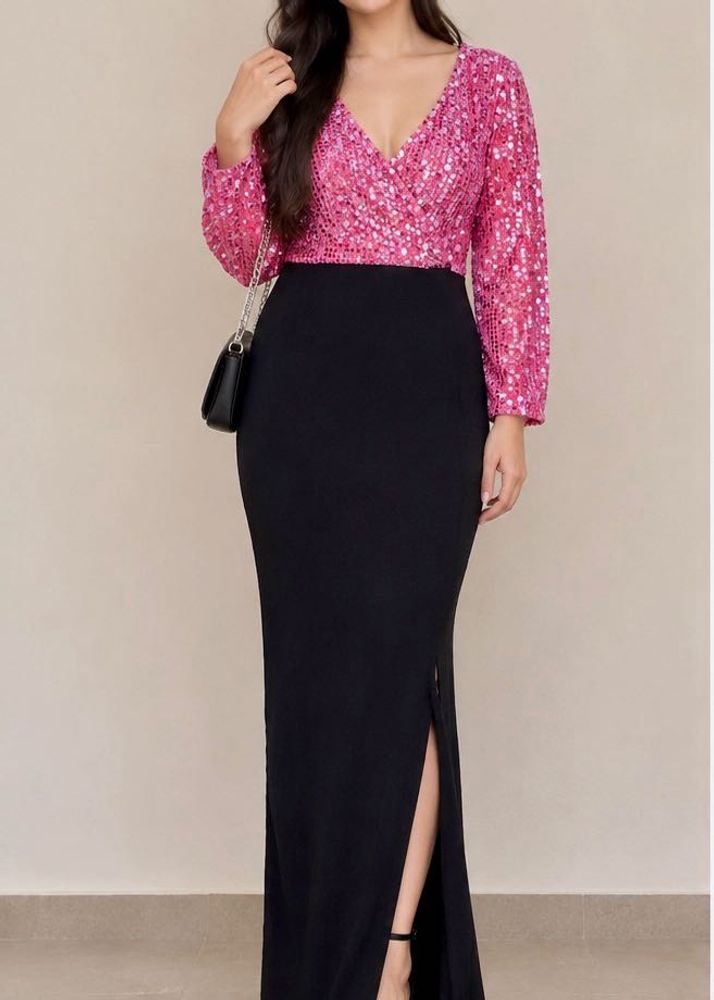 Sparkly Pink Sequin Long Sleeve Maxi Dress