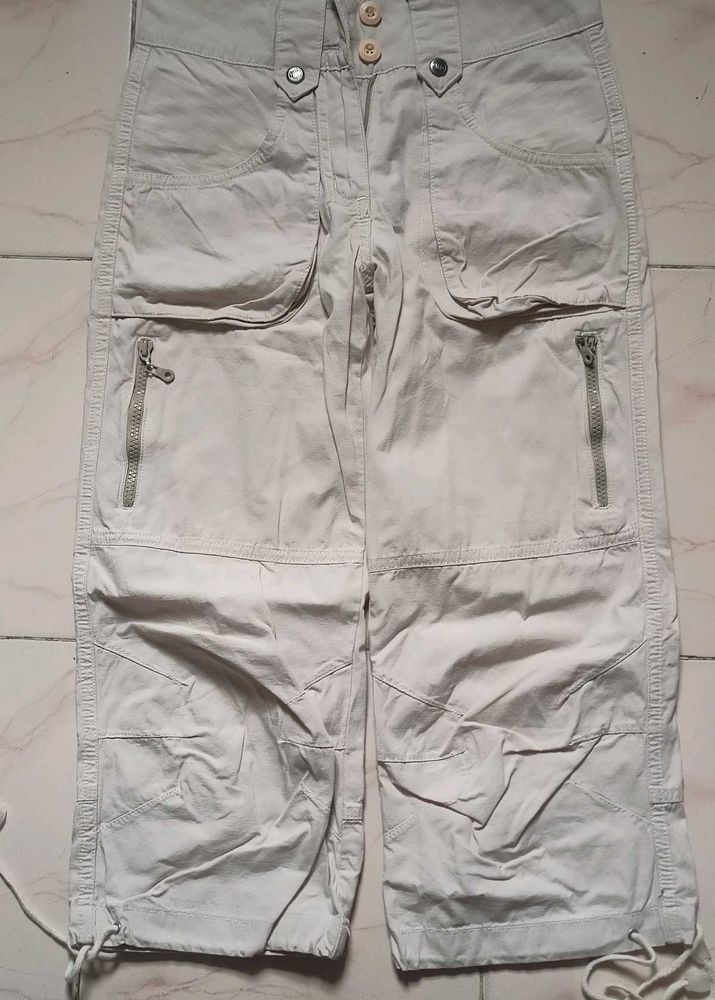 Beige Cargo Capri Pants