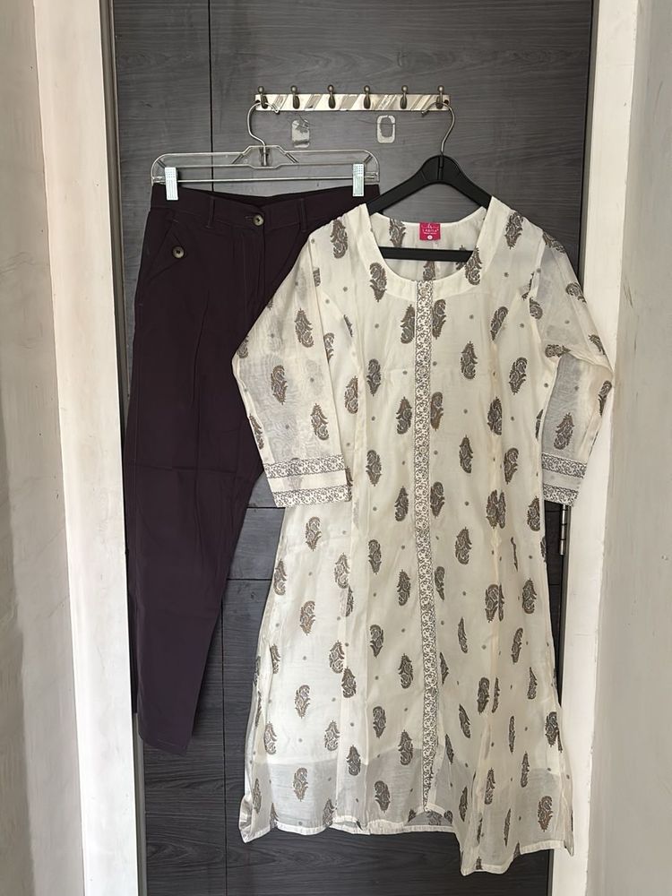 White Printed Kurta with Grey Pants