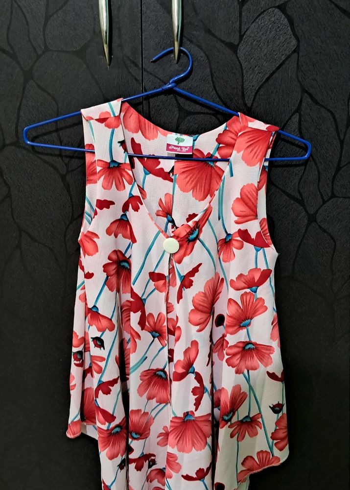 Beautiful Asymmetric Floral White Chiffon Top