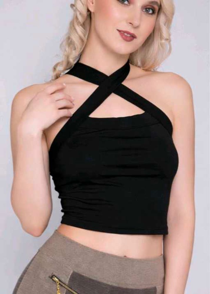 Elegant Black Criss-Cross Crop Top | Slim Fit Styl