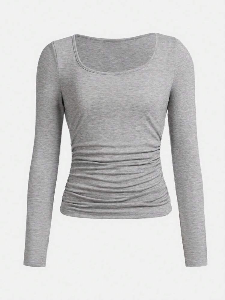 Grey Long Sleeve Ruched T-Shirt