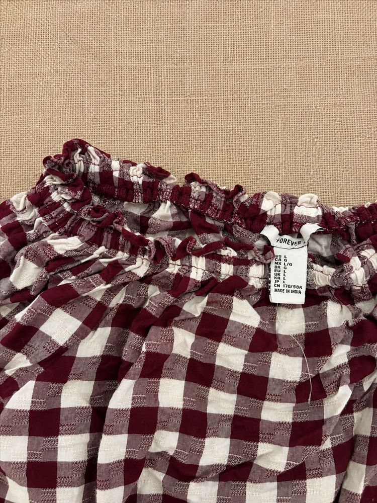 Burgundy Gingham Off-Shoulder Puff Sleeve  Crop To