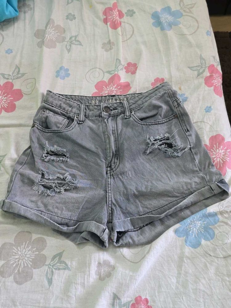 Grey Distressed Denim Shorts