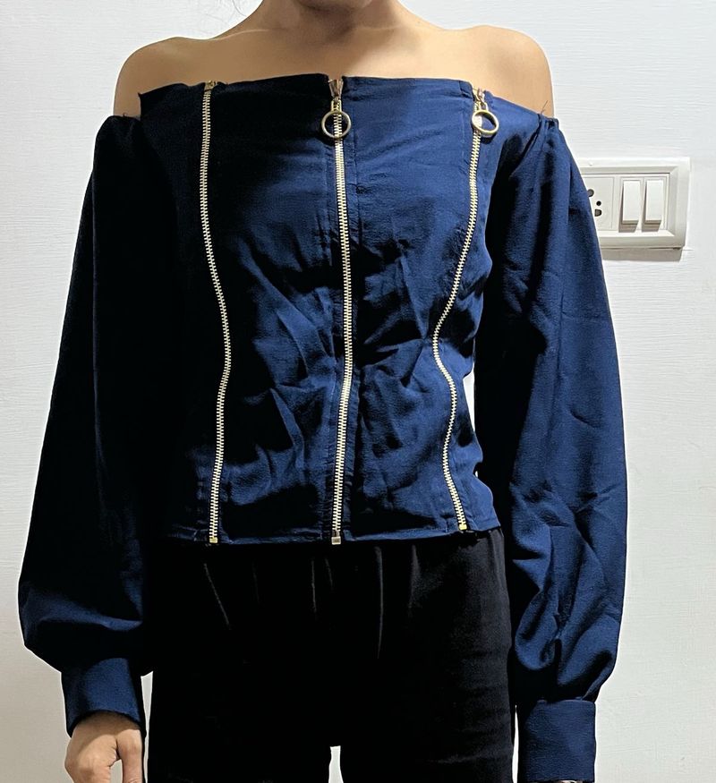 Navy Blue Off-Shoulder Smocked Top