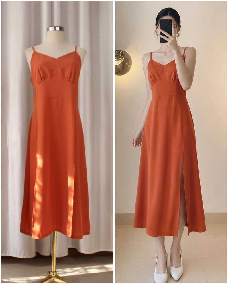 Orange Spaghetti Strap Midi Dress