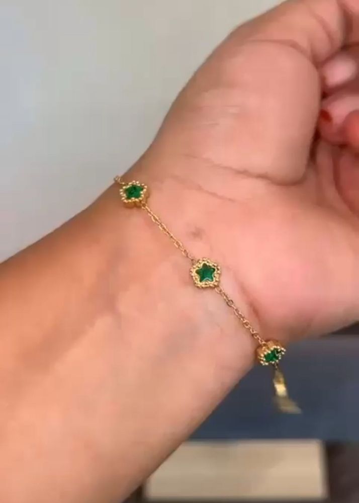 Gold Clover Bracelet with Green Stones