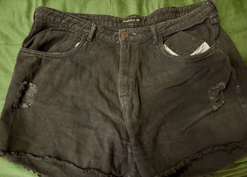 Distressed Black Denim Shorts