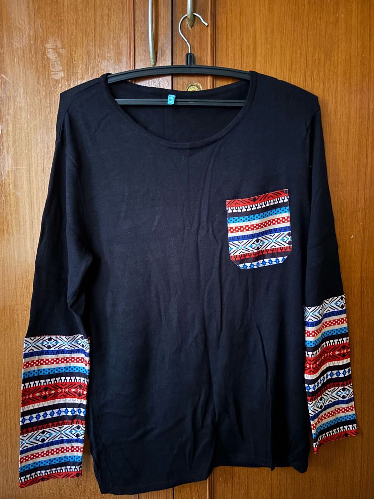 Black Long Sleeve Top with Tribal Print Pocket