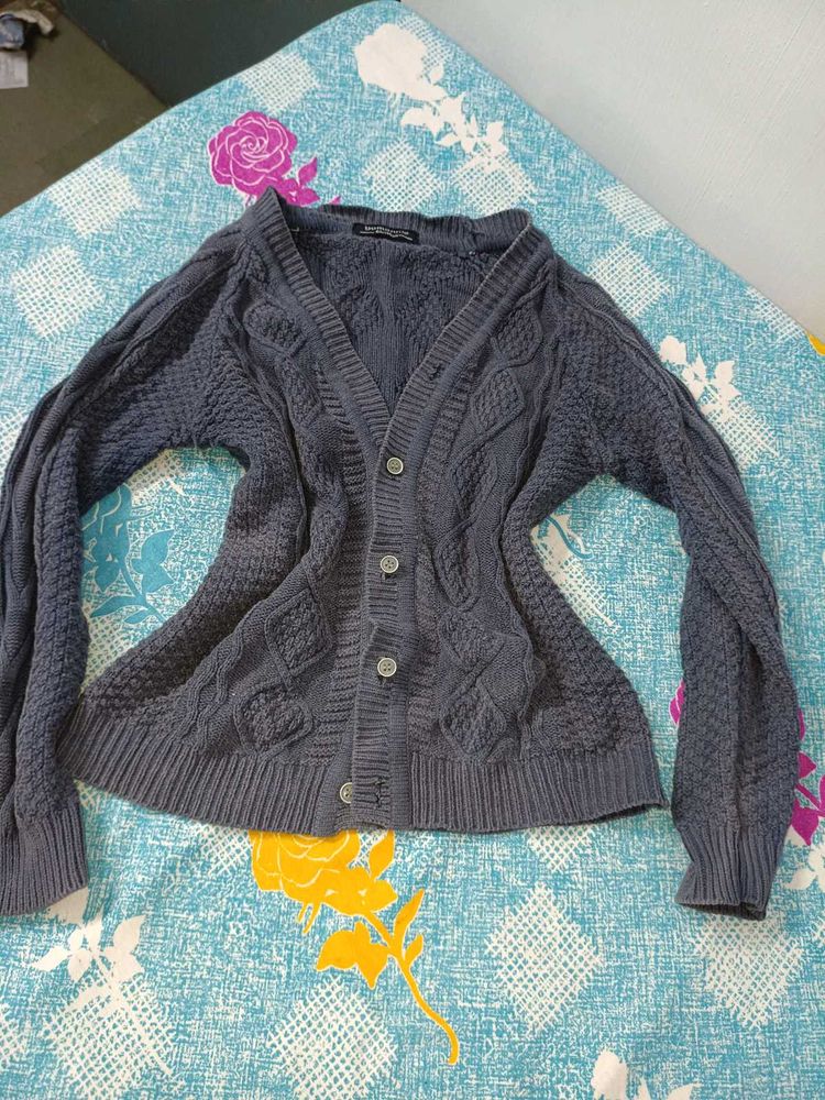 Stylish Grey Cable Knit Cardigan
