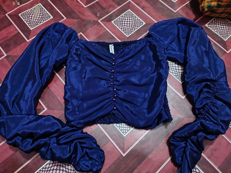 Chic Blue Ruched Puff Sleeve Top