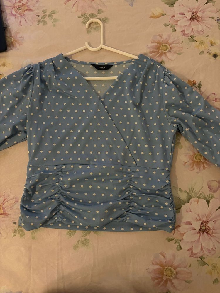 Cute Blue Polka Dot Wrap Top