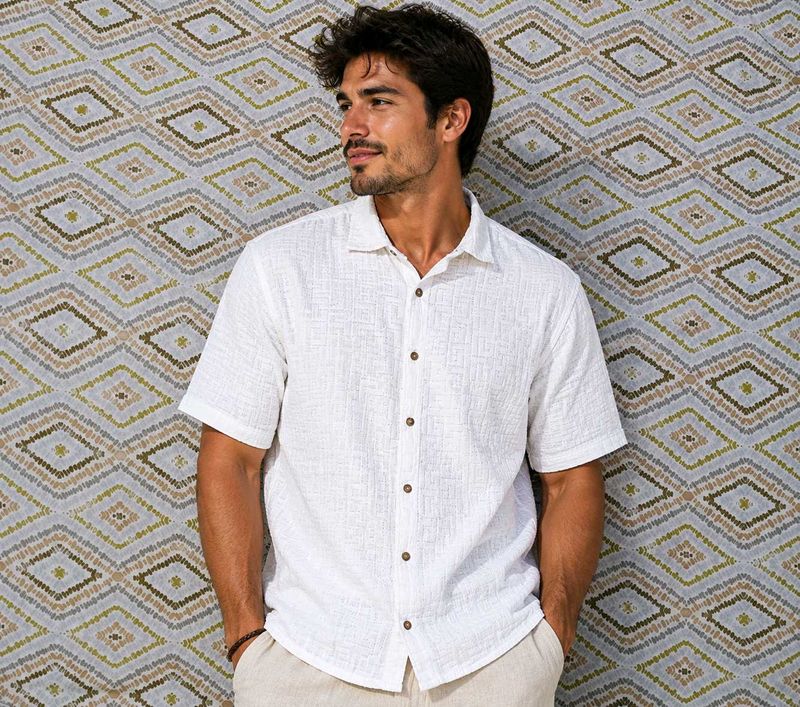 Men's White Short Sleeve Textured Shirt
