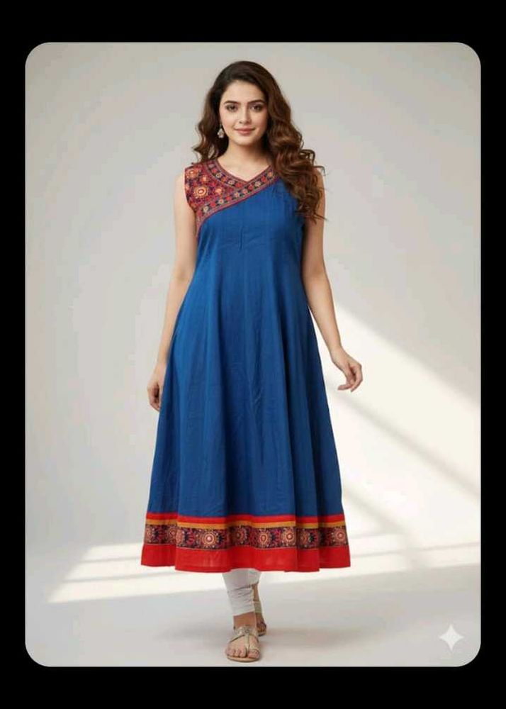 bust 42 Elegant Blue Embroidered Cotton Kurta