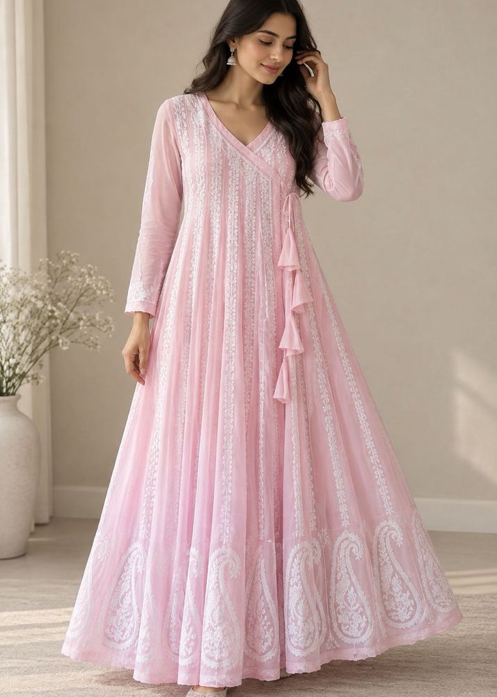 Pink Chikankari Anarkali Kurta with leggings
