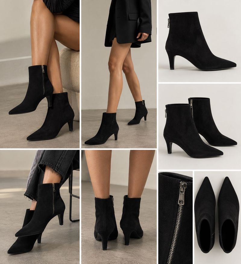 Black Suede-Effect Pointed-Toe Ankle Boots
