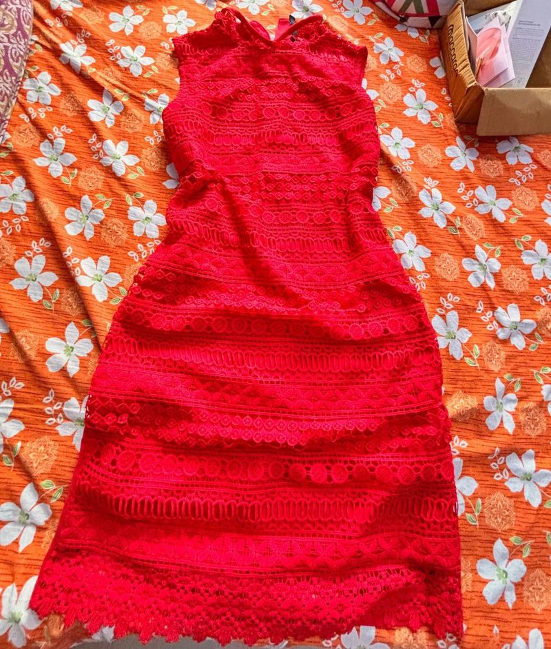Vibrant Red Lace Midi Dress